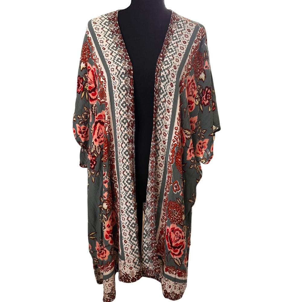 Angie Floral Kimono Wrap Teal Rust Boho Geometric Rayon Open Front Cardigan L